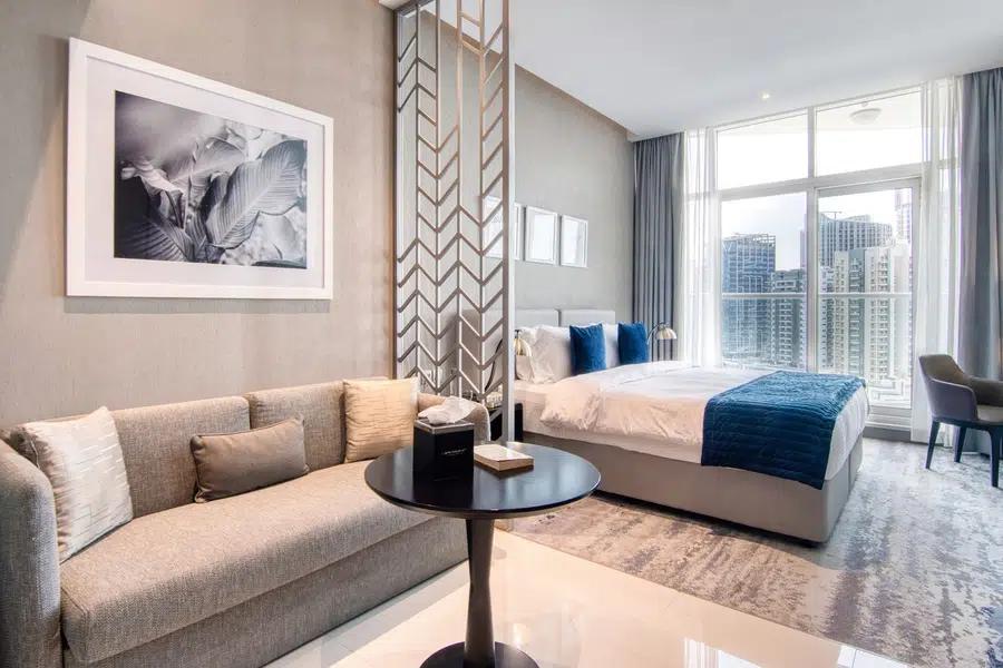 Living area of a Montroyal studio at DAMAC Maison Privé, Business Bay